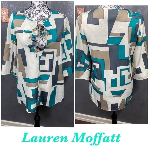 Lauren Moffatt retro vibe green white gray geometric keyhole ruffle long tunic - Picture 1 of 8